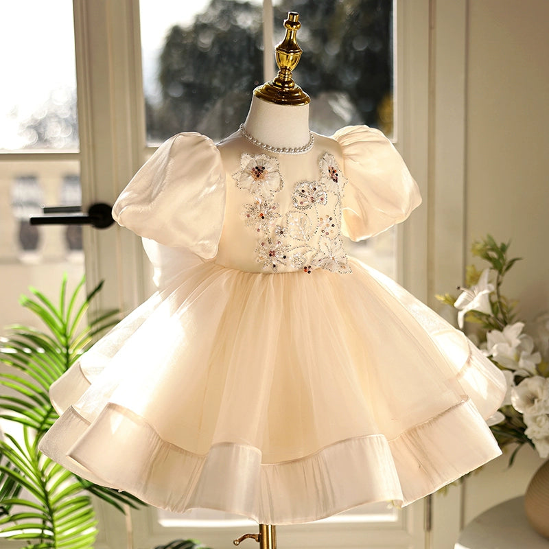  Champagne Lace Chiffon Flower Girl Dress with Bow & Puff Sleeves