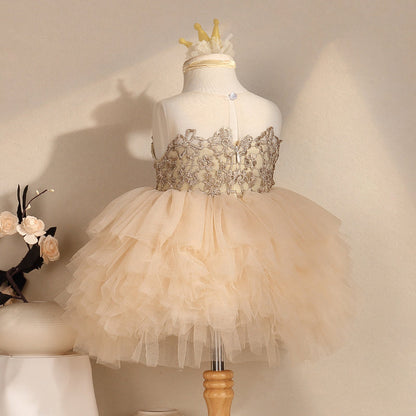 Champagne Lace Princess Tea-Length Flower Girl Dress