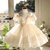 Champagne Lace Tulle Flower Girl Dress with Ruffles & Beading