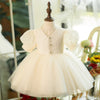Champagne Lace Tulle Princess Flower Girl Dress V-Neck