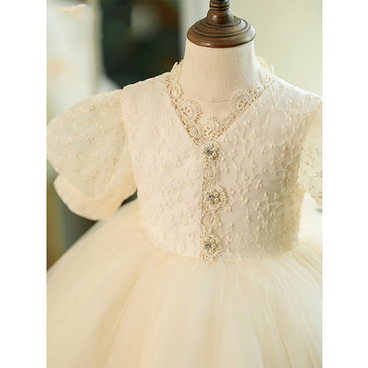 Champagne Lace Tulle Princess Flower Girl Dress V-Neck