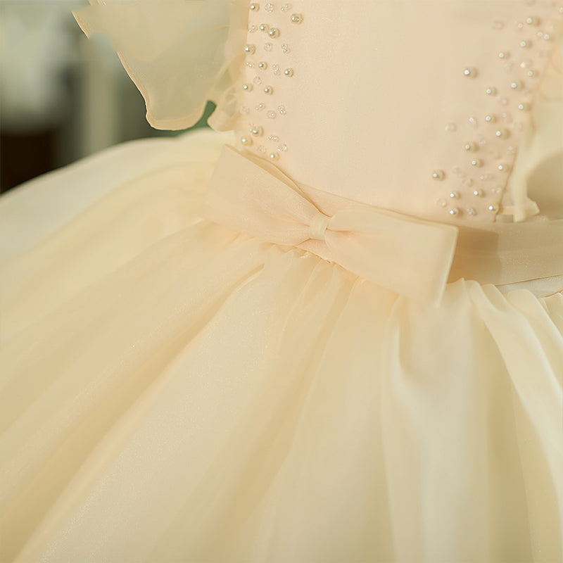 Champagne Organza Princess Flower Girl Dress Ruffle Pleat