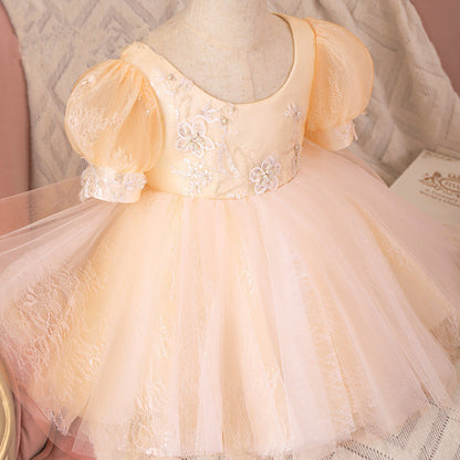 Champagne Princess Flower Girl Dress with Lace & Sequins
