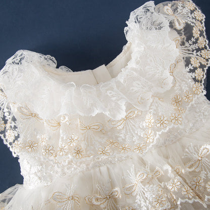 Champagne Princess Flower Girl Dress with Lace and Bow Back