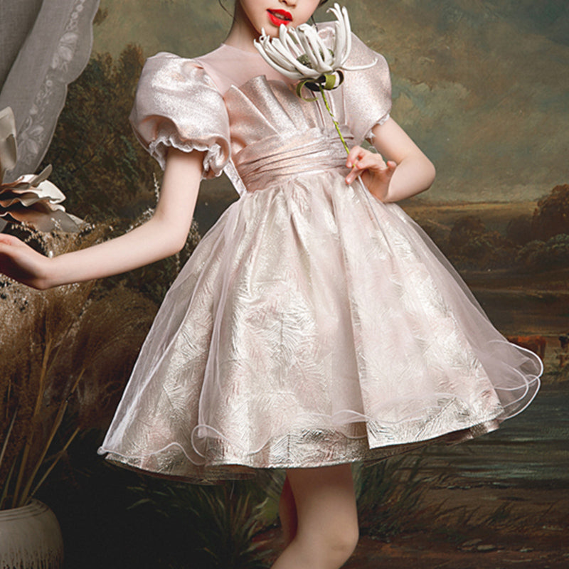 Champagne Princess Flower Girl Dress: Ruffles & Puff Sleeves