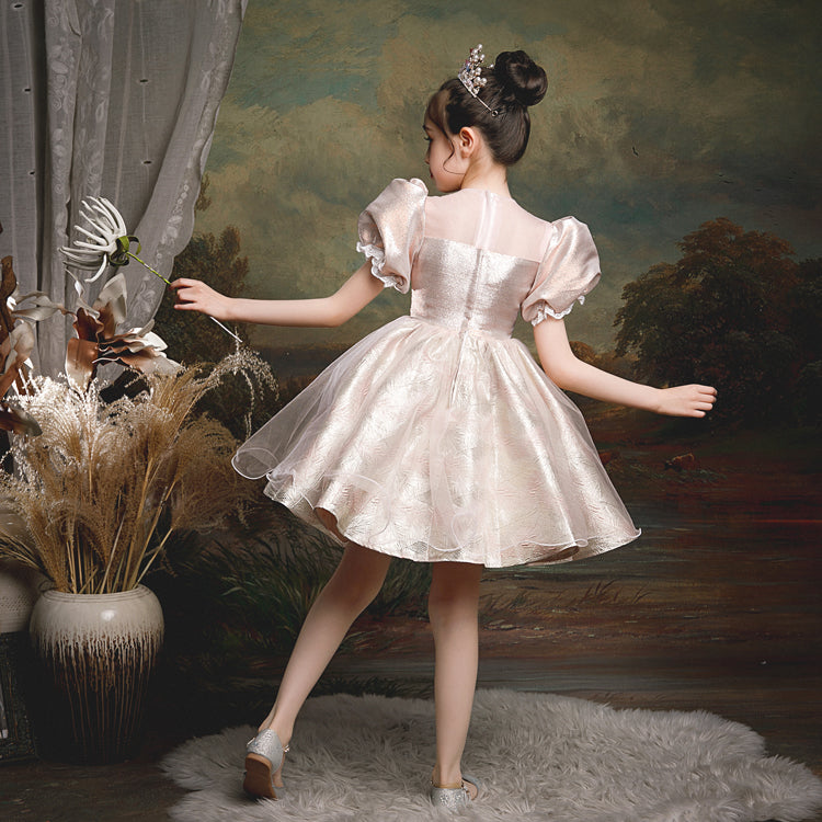 Champagne Princess Flower Girl Dress: Ruffles & Puff Sleeves