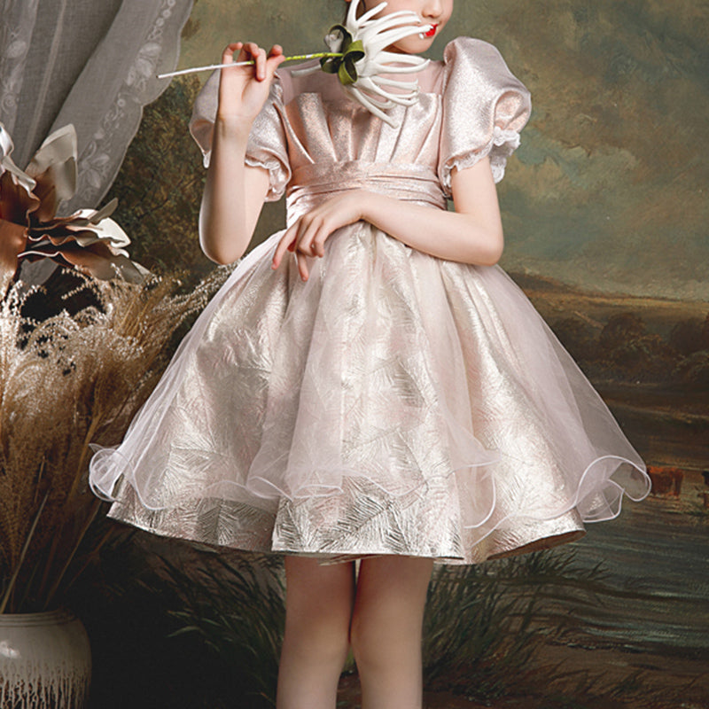 Champagne Princess Flower Girl Dress: Ruffles & Puff Sleeves