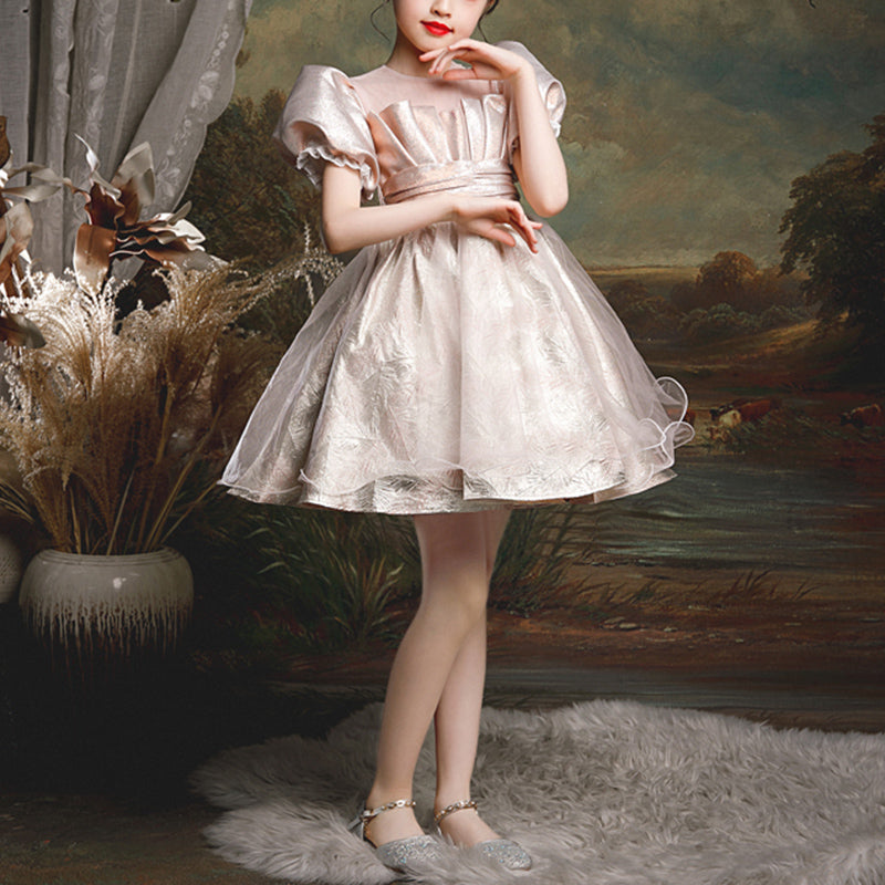 Champagne Princess Flower Girl Dress: Ruffles & Puff Sleeves