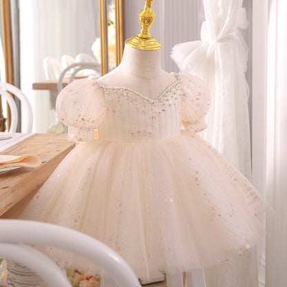 Champagne Princess Tulle Flower Girl Dress with Sequins