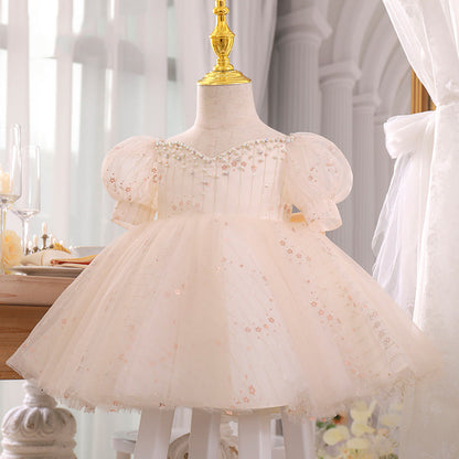 Champagne Princess Tulle Flower Girl Dress with Sequins