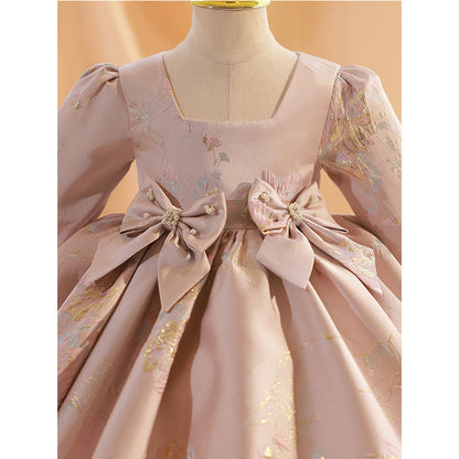 Champagne Satin A-Line Flower Girl Dress - Lantern Sleeves
