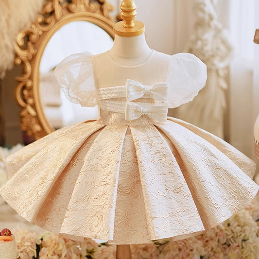 Champagne Satin Princess Dress for Girls with Bow – Flower Girl, Birthday, Party