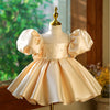 Champagne Satin Princess Dress with Sequins and Pearls