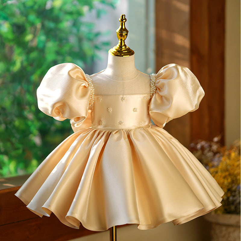 Champagne Princess Satin Dress with Sequins, Beads & Bow for Girls | Special Occasion