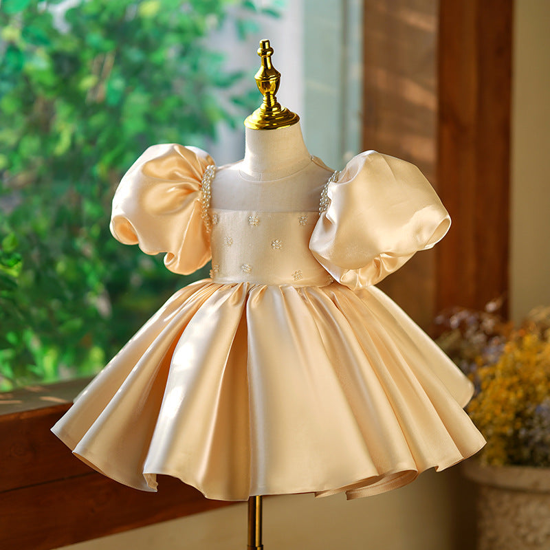 Champagne Princess Satin Dress with Sequins, Beads & Bow for Girls | Special Occasion