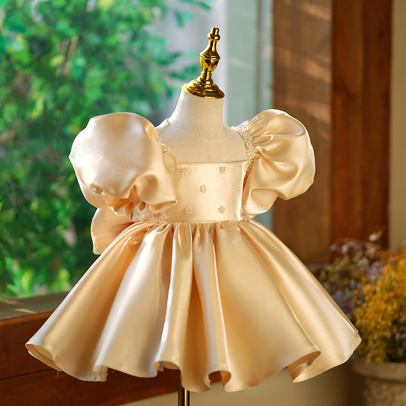 Champagne Princess Satin Dress with Sequins, Beads & Bow for Girls | Special Occasion