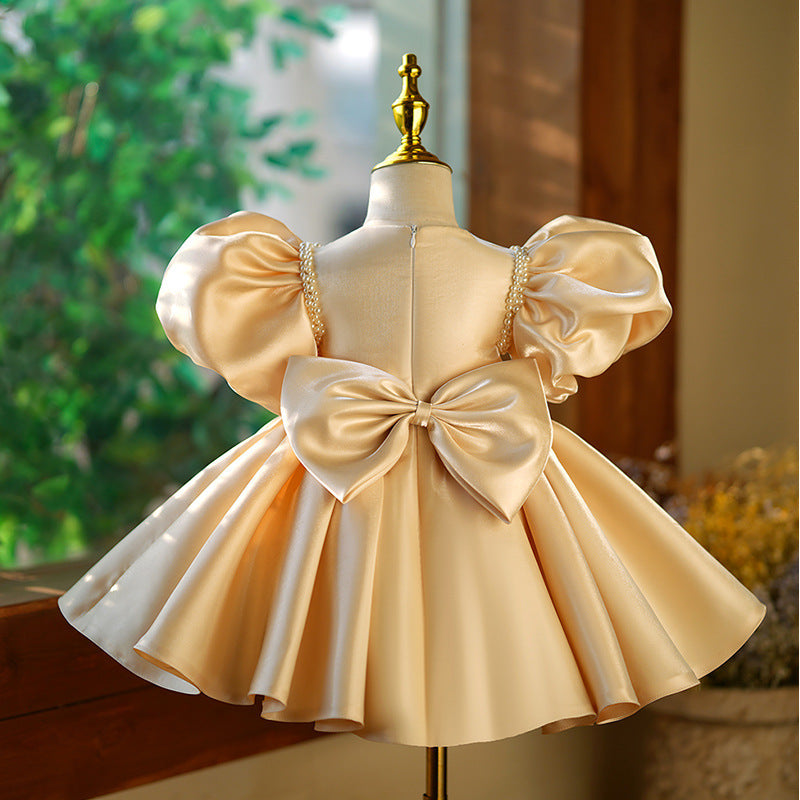 Champagne Princess Satin Dress with Sequins, Beads & Bow for Girls | Special Occasion