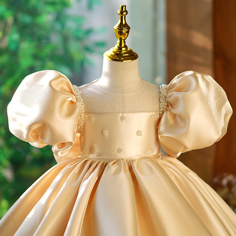 Champagne Princess Satin Dress with Sequins, Beads & Bow for Girls | Special Occasion