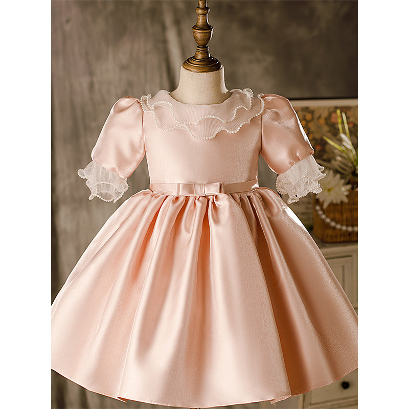 Champagne Satin Princess Flower Girl Dress: Puff Sleeves