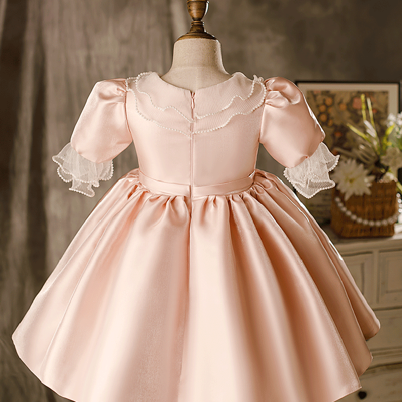 Champagne Satin Princess Flower Girl Dress: Puff Sleeves