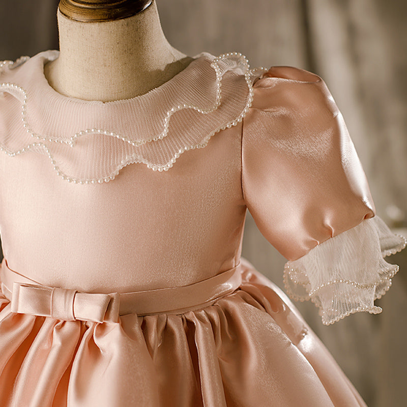 Champagne Satin Princess Flower Girl Dress: Puff Sleeves