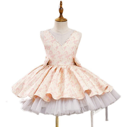 Champagne Satin Tulle A-Line Flower Girl Dress Bow V-Neck