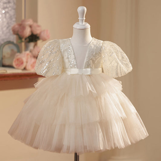 Champagne Sequin Flower Girl Ball Gown Dress for Toddlers & Kids | Knee Length Princess Dress