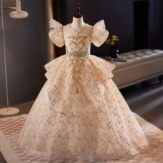 Champagne Sequin Princess Dress for Girls – Floor Length, Beaded, Photo Shoot Party Gown
