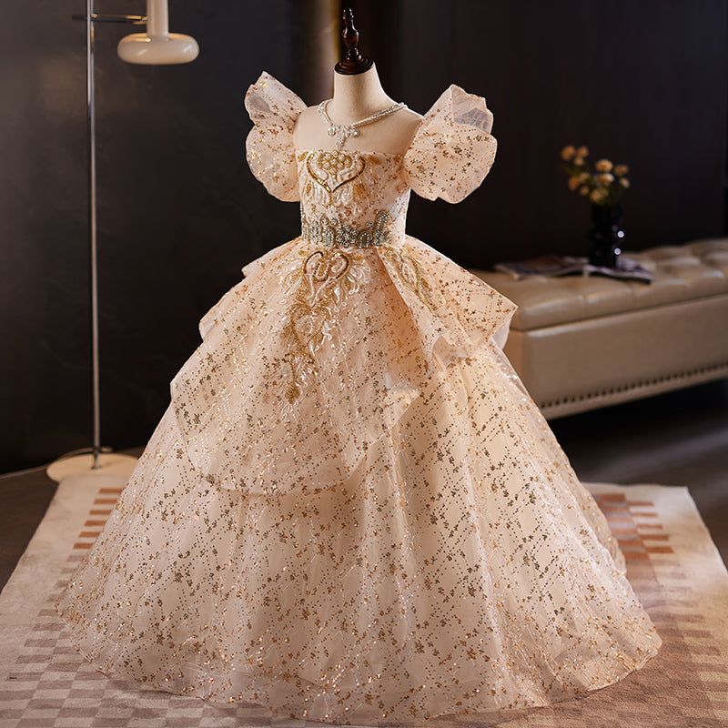 Champagne Sequin Princess Dress for Girls – Floor Length, Beaded, Photo Shoot Party Gown