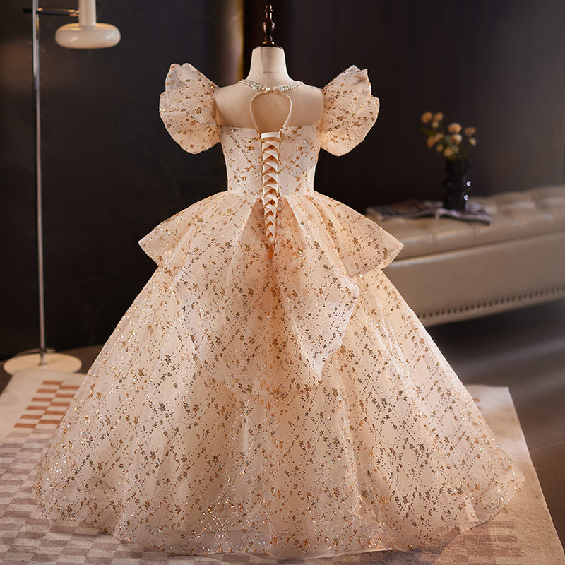 Champagne Sequin Princess Dress for Girls – Floor Length, Beaded, Photo Shoot Party Gown