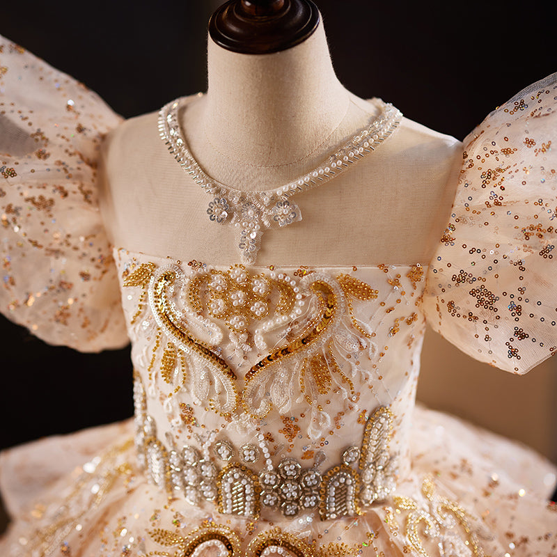 Champagne Sequin Princess Dress for Girls – Floor Length, Beaded, Photo Shoot Party Gown