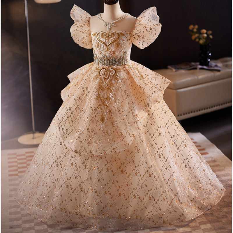 Champagne Sequin Princess Dress for Girls – Floor Length, Beaded, Photo Shoot Party Gown
