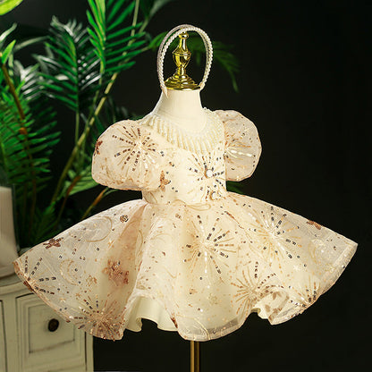 Champagne Sequin Princess Flower Girl Dress Beaded Puff Sleeve