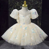 Champagne Sequin Princess Flower Girl Dress Bow Puff Sleeve