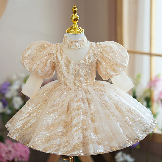 Champagne Sequin Princess Flower Girl Dress Turtle Neck Puff