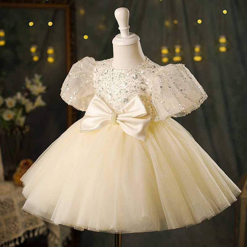Champagne Sequin Tulle Princess Flower Girl Dress Puff Bow Knee