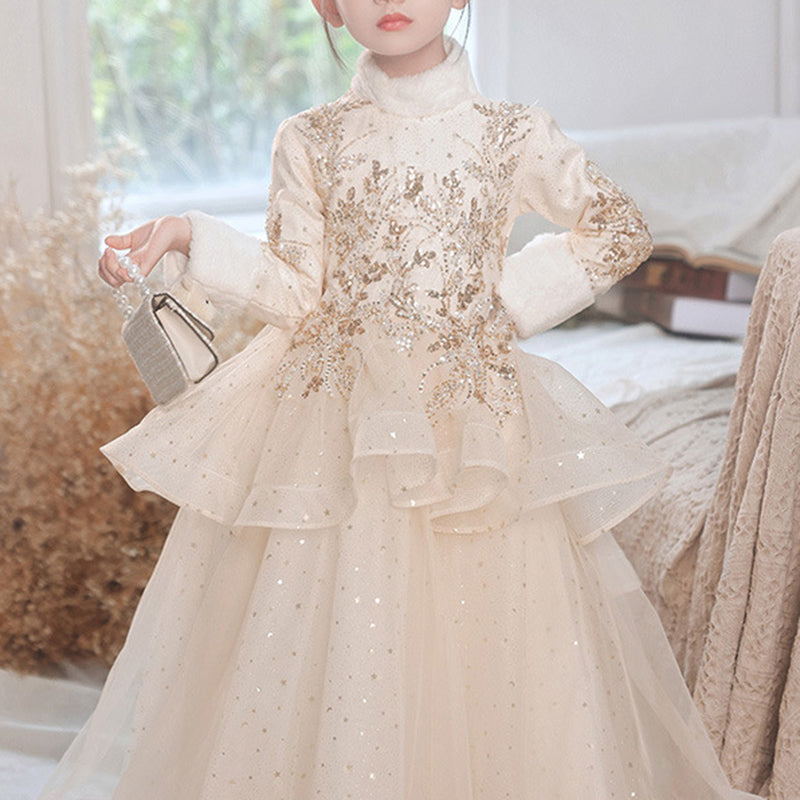 Champagne Sequined Organza A-Line Dress Lace Long Sleeve