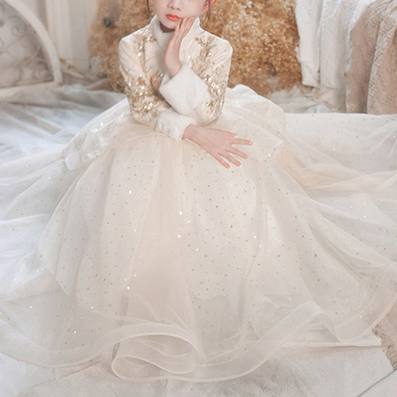 Champagne Sequined Organza A-Line Dress Lace Long Sleeve