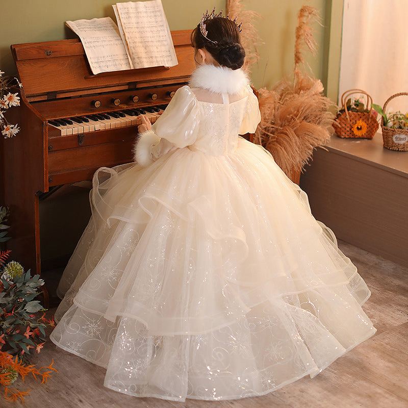 Champagne Sequined Organza Princess Dress Lace Puff Sleeve