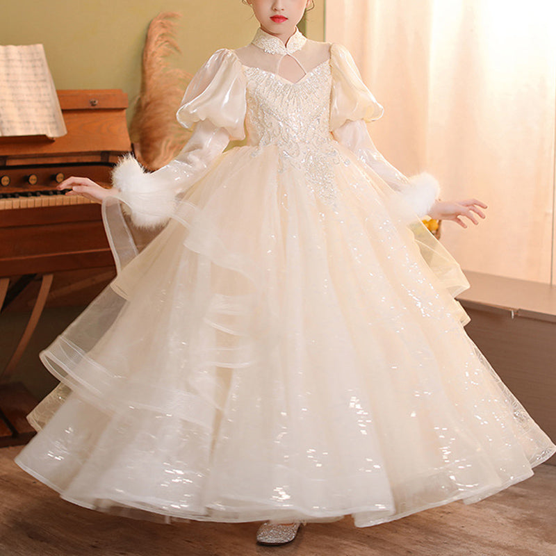 Champagne Sequined Organza Princess Dress Lace Puff Sleeve