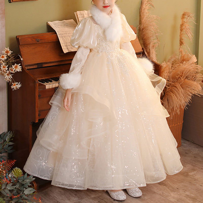 Champagne Sequined Organza Princess Dress Lace Puff Sleeve