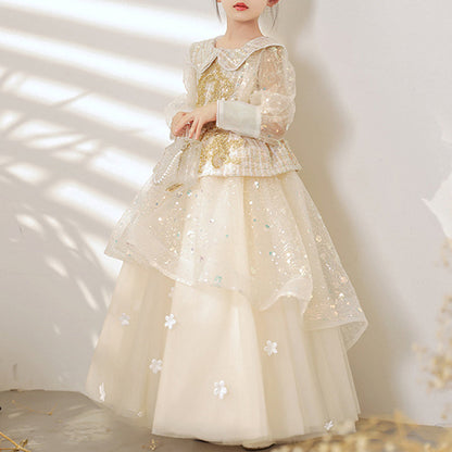 Champagne Sequined Princess Dress Collared Lace Ruffle