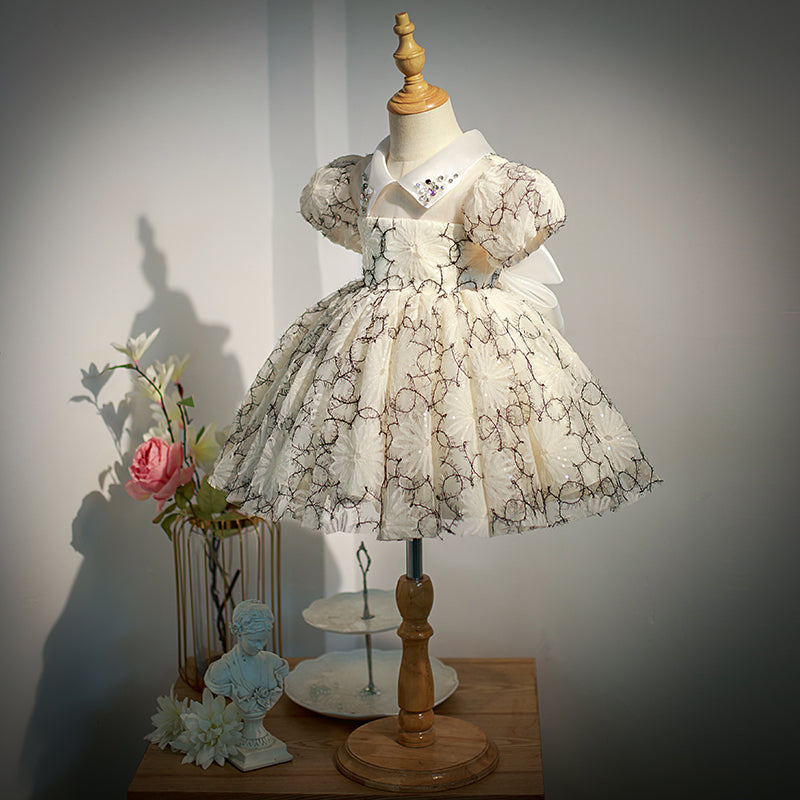 Champagne Sequined Princess Flower Girl Dress - Collared Neck