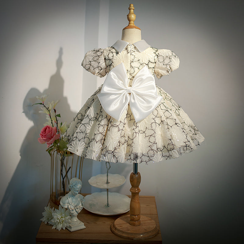 Champagne Sequined Princess Flower Girl Dress - Collared Neck