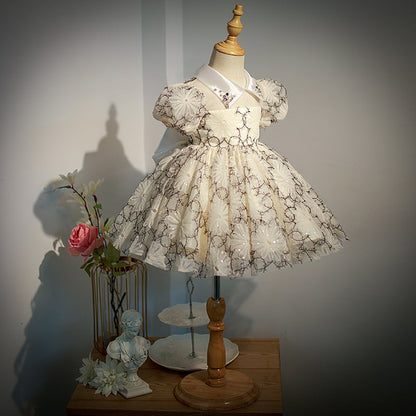 Champagne Sequined Princess Flower Girl Dress - Collared Neck
