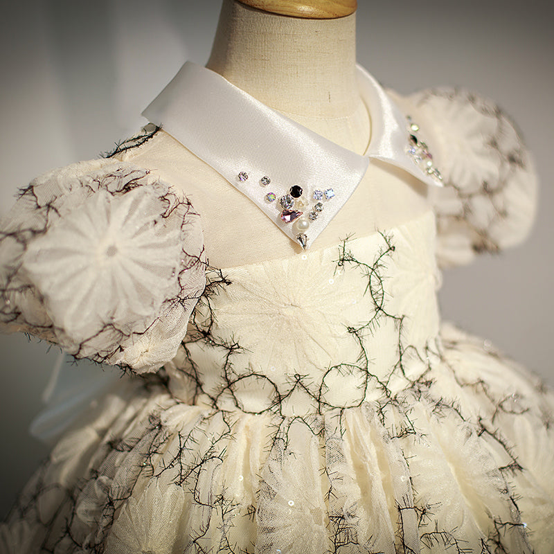 Champagne Sequined Princess Flower Girl Dress - Collared Neck