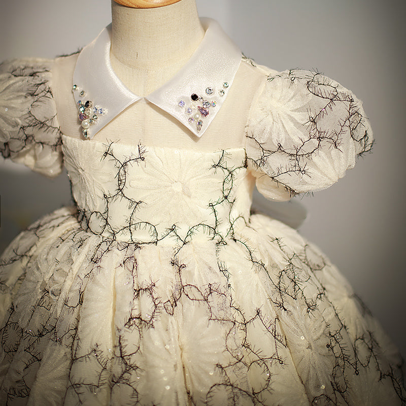 Champagne Sequined Princess Flower Girl Dress - Collared Neck