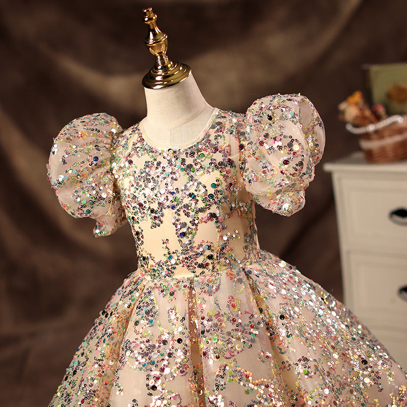 Champagne Sequined Princess Flower Girl Dress Floor Length