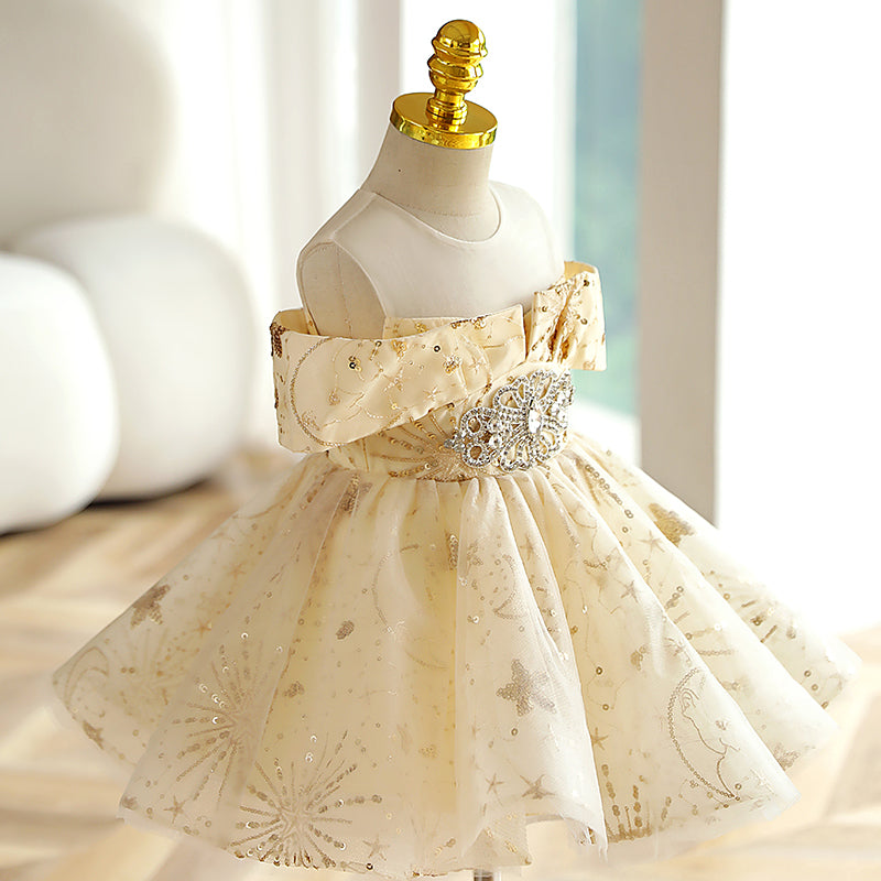 Champagne Sequined Tea-Length Flower Girl Dress Cold Shoulder