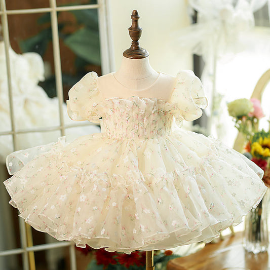 Champagne Tulle A-Line Flower Girl Dress Lace Bow Puff Sleeve